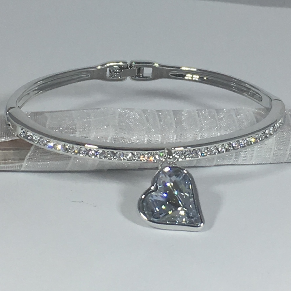 Swarovski Blue Crystal Silver Heart Charm Bangle